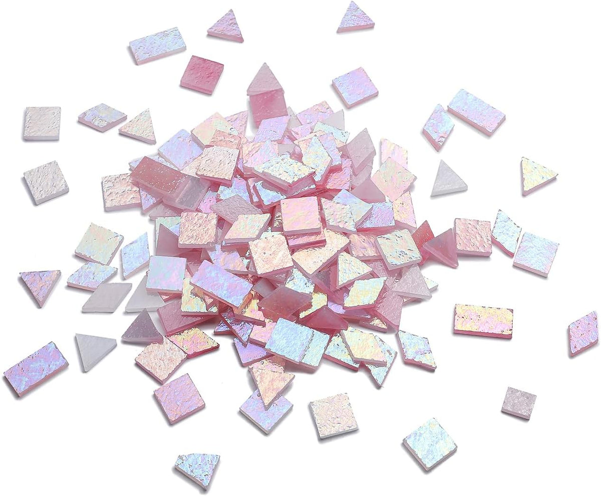 Lanyani Iridescent Stained Glass Mosaic Tiles for Art Craft, 200 Pieces, 4 Shapes Mixed,Opaque Pink