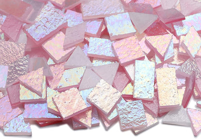 Lanyani Iridescent Stained Glass Mosaic Tiles for Art Craft, 200 Pieces, 4 Shapes Mixed,Opaque Pink