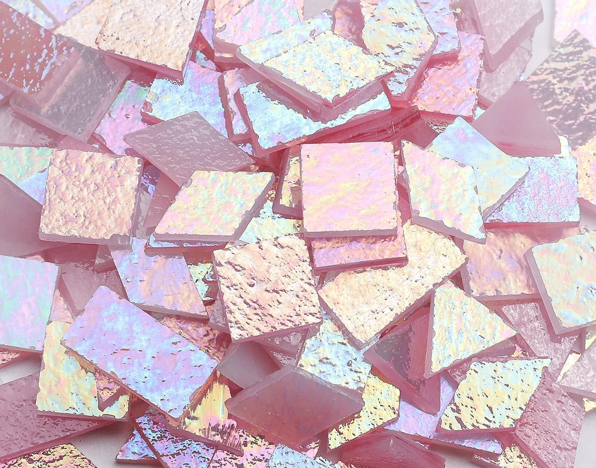 Lanyani Iridescent Stained Glass Mosaic Tiles for Art Craft, 200 Pieces, 4 Shapes Mixed,Opaque Pink