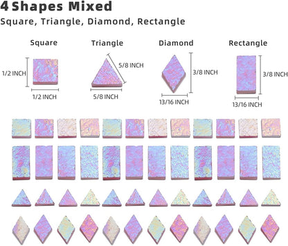 Lanyani Iridescent Stained Glass Mosaic Tiles for Art Craft, 200 Pieces, 4 Shapes Mixed,Opaque Pink