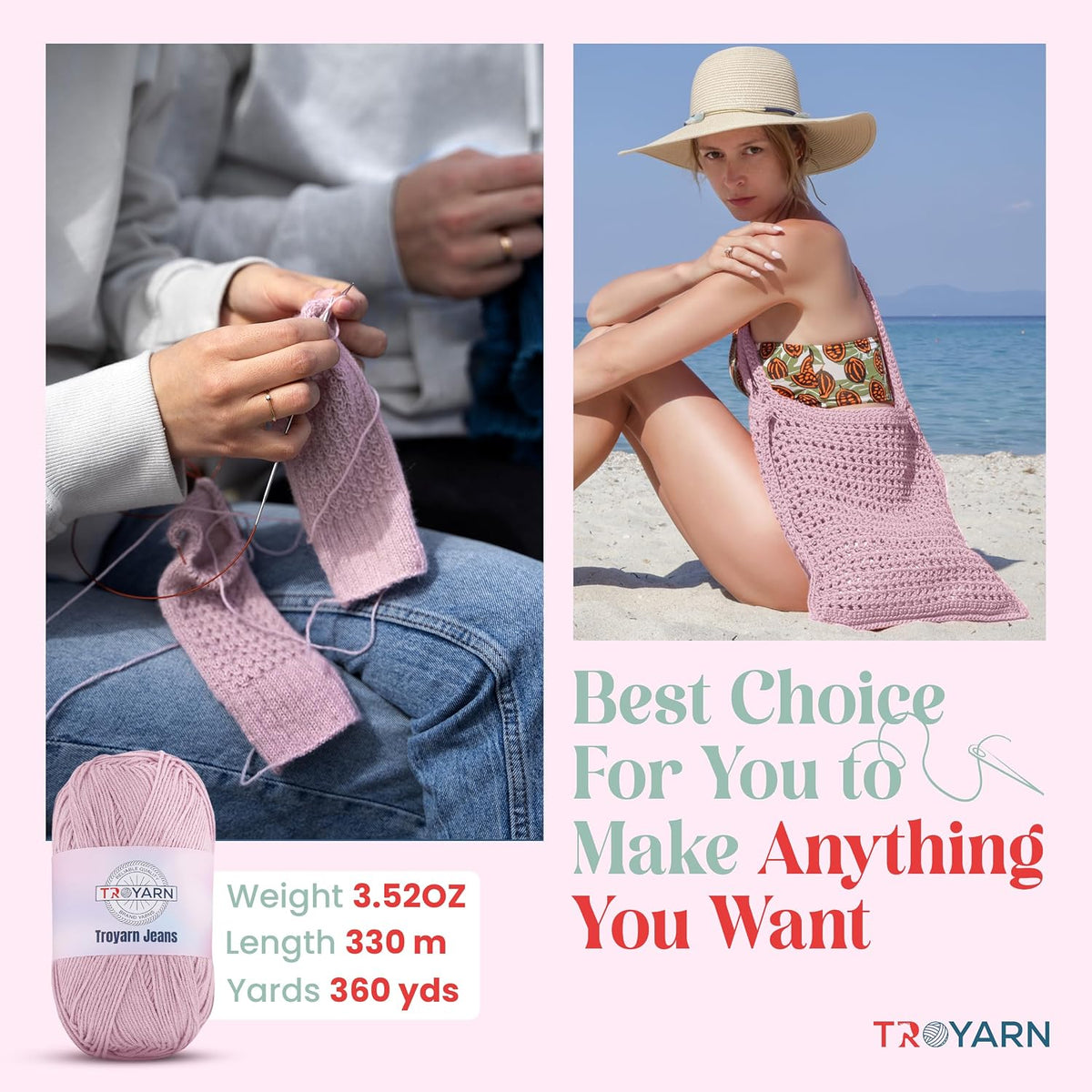 60% Cotton 40% Acrylic Crochet Bulk Yarn - Light Pink, Soft Fine/Sport Yarn for Crocheting/Knitting - Ideal for Amigurumi Dolls and Baby Garments