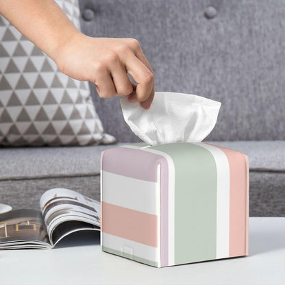 Pretty Pastel Pattern Pink Green Violet Stripes Tissue Box Cover, Pu Leather Square Decorative Organizer for Tabletop, Bathroom, Bedroom, Office