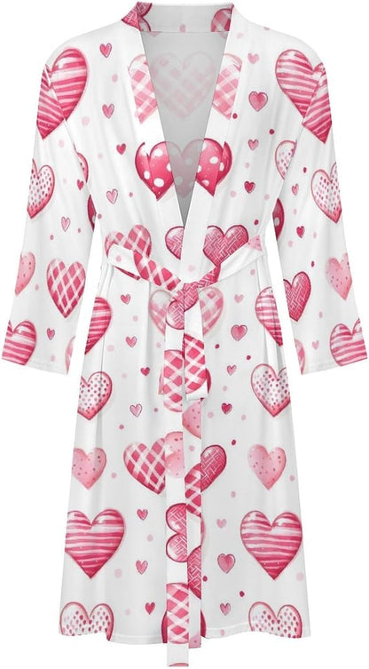 Bright Pink Heart Print Robes for Men Women, Soft Bathrobe Long Men Womens Robes Lightweight Cozy Bath Robe
