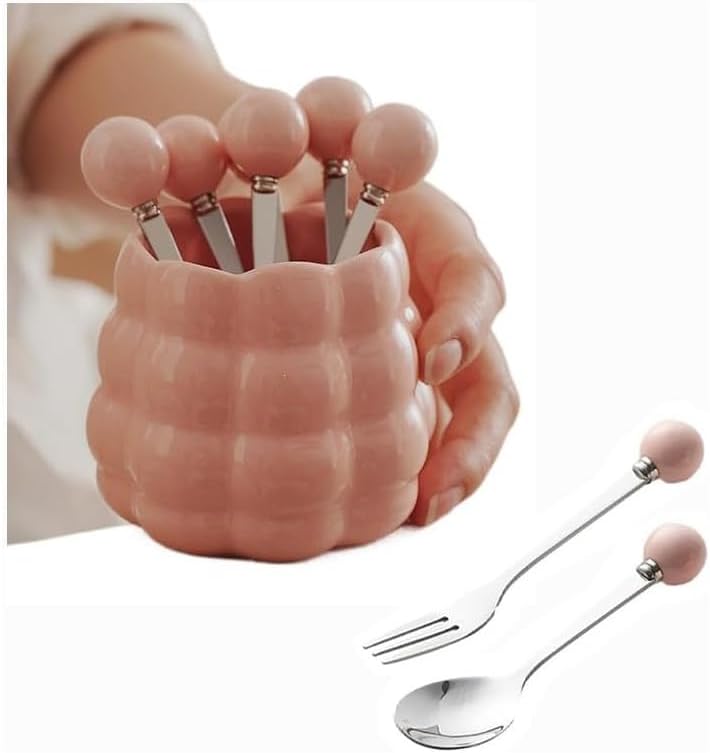 (6 Pieces) Ceramic Pearl Spoon Fork Jar Set Fruit Fork Dessert Cake Coffee TeaSpoon (Pink)