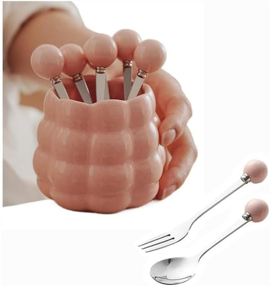 (6 Pieces) Ceramic Pearl Spoon Fork Jar Set Fruit Fork Dessert Cake Coffee TeaSpoon (Pink)
