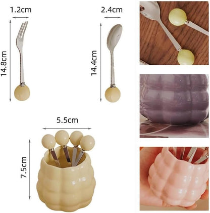 (6 Pieces) Ceramic Pearl Spoon Fork Jar Set Fruit Fork Dessert Cake Coffee TeaSpoon (Pink)