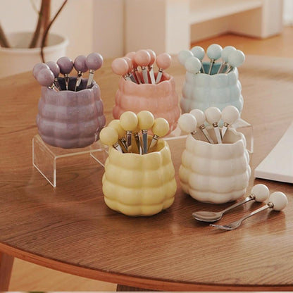 (6 Pieces) Ceramic Pearl Spoon Fork Jar Set Fruit Fork Dessert Cake Coffee TeaSpoon (Pink)