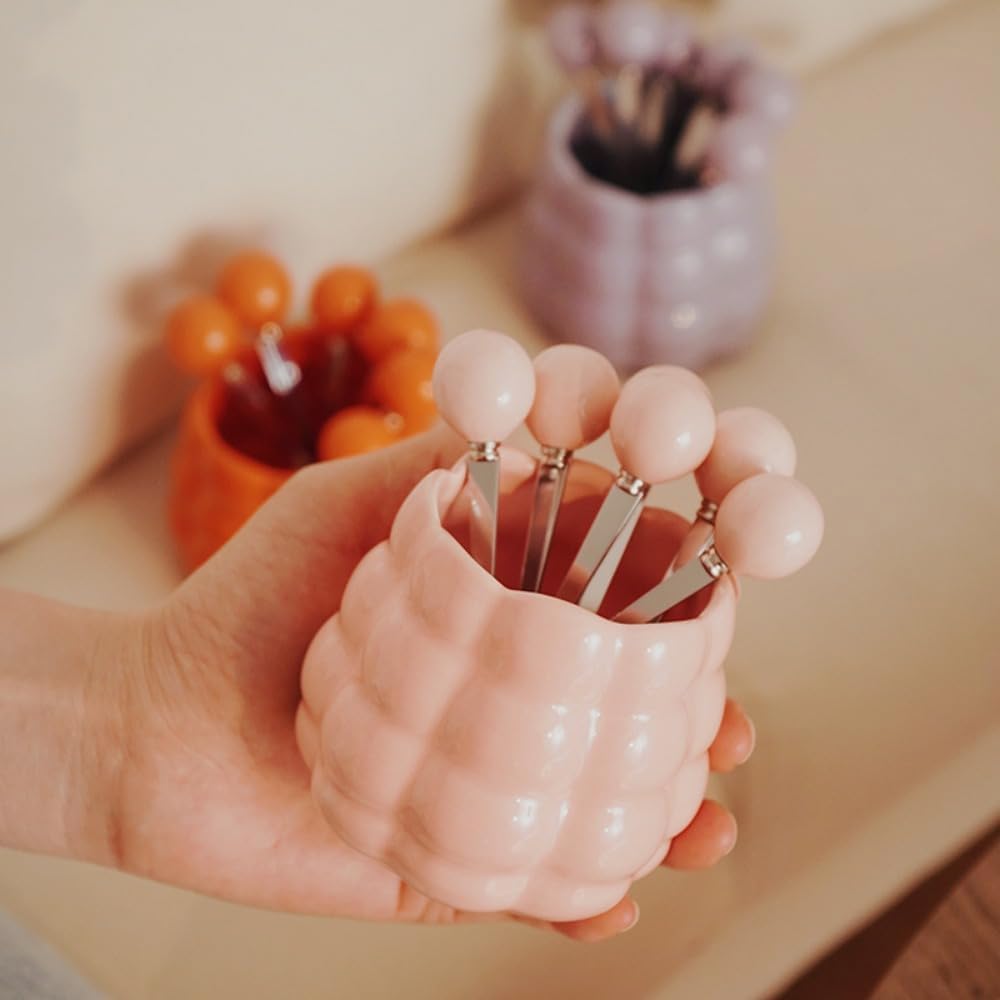 (6 Pieces) Ceramic Pearl Spoon Fork Jar Set Fruit Fork Dessert Cake Coffee TeaSpoon (Pink)