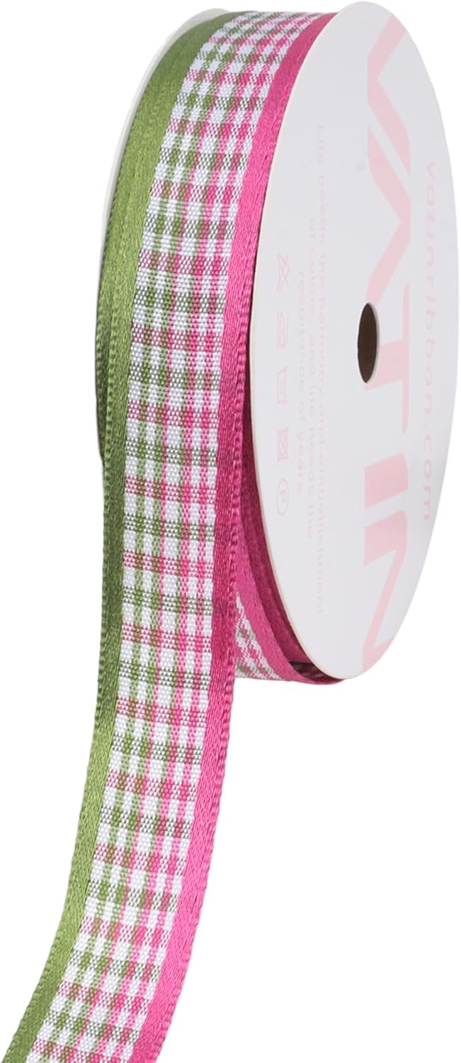 Vintage Checkered Woven Ribbon, Checkerboard Lime and Hot Pink, 5/8" - 25 Yards Continuous Ribbon for Spring, Easter, Pastel, Easter Basket
