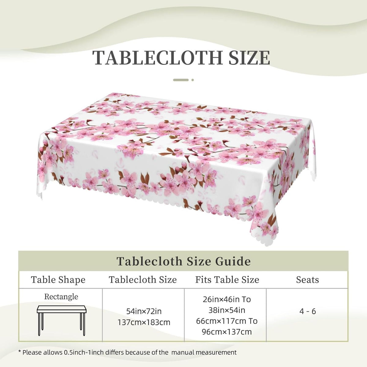 Cherry Flower Rectangle Tablecloths Japanese Pink Floral Table Cloths Dacorative Kitchen Dining Tablecloth for Rectangular Tables,Washable Table Cover for Party 54 x 72 Inch