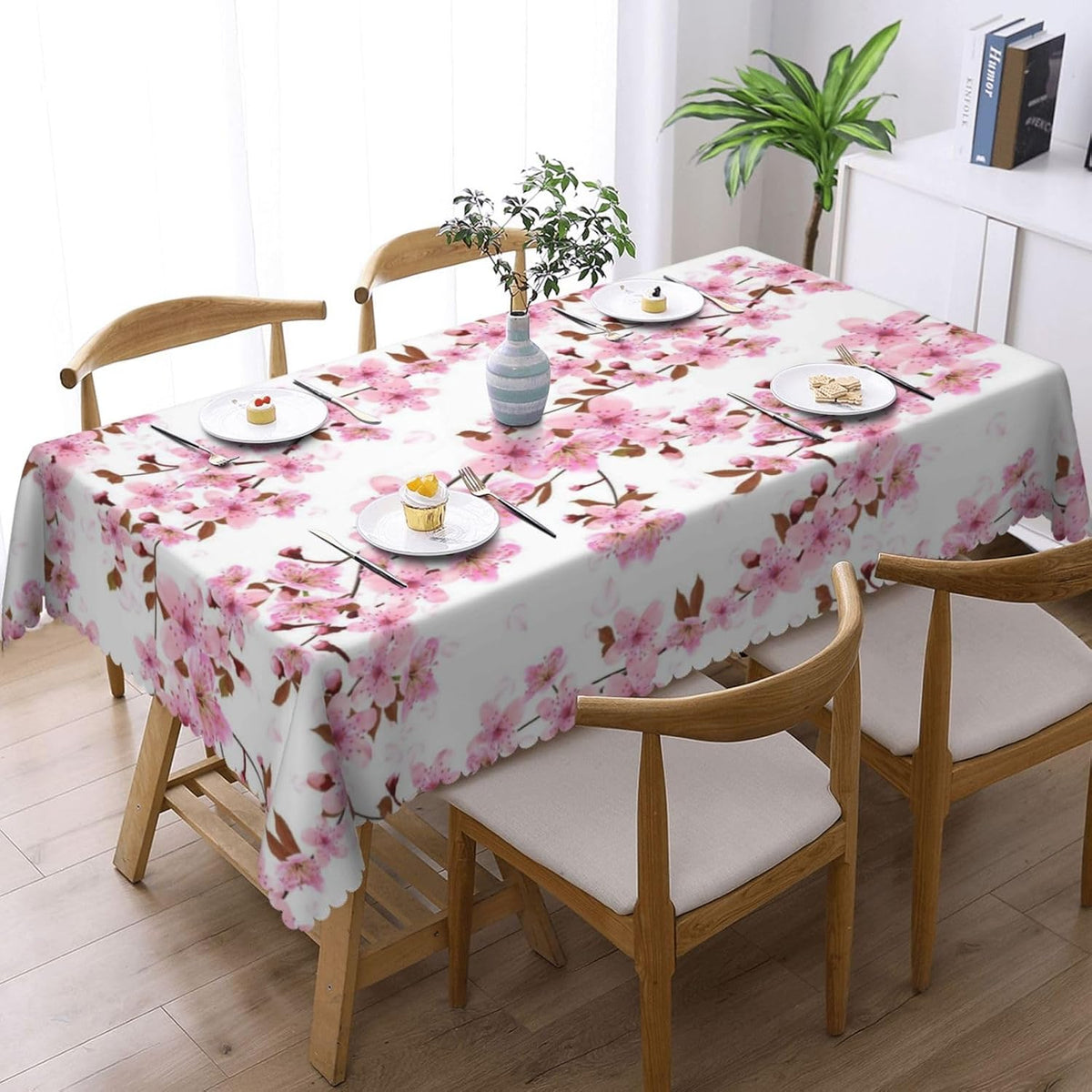 Cherry Flower Rectangle Tablecloths Japanese Pink Floral Table Cloths Dacorative Kitchen Dining Tablecloth for Rectangular Tables,Washable Table Cover for Party 54 x 72 Inch