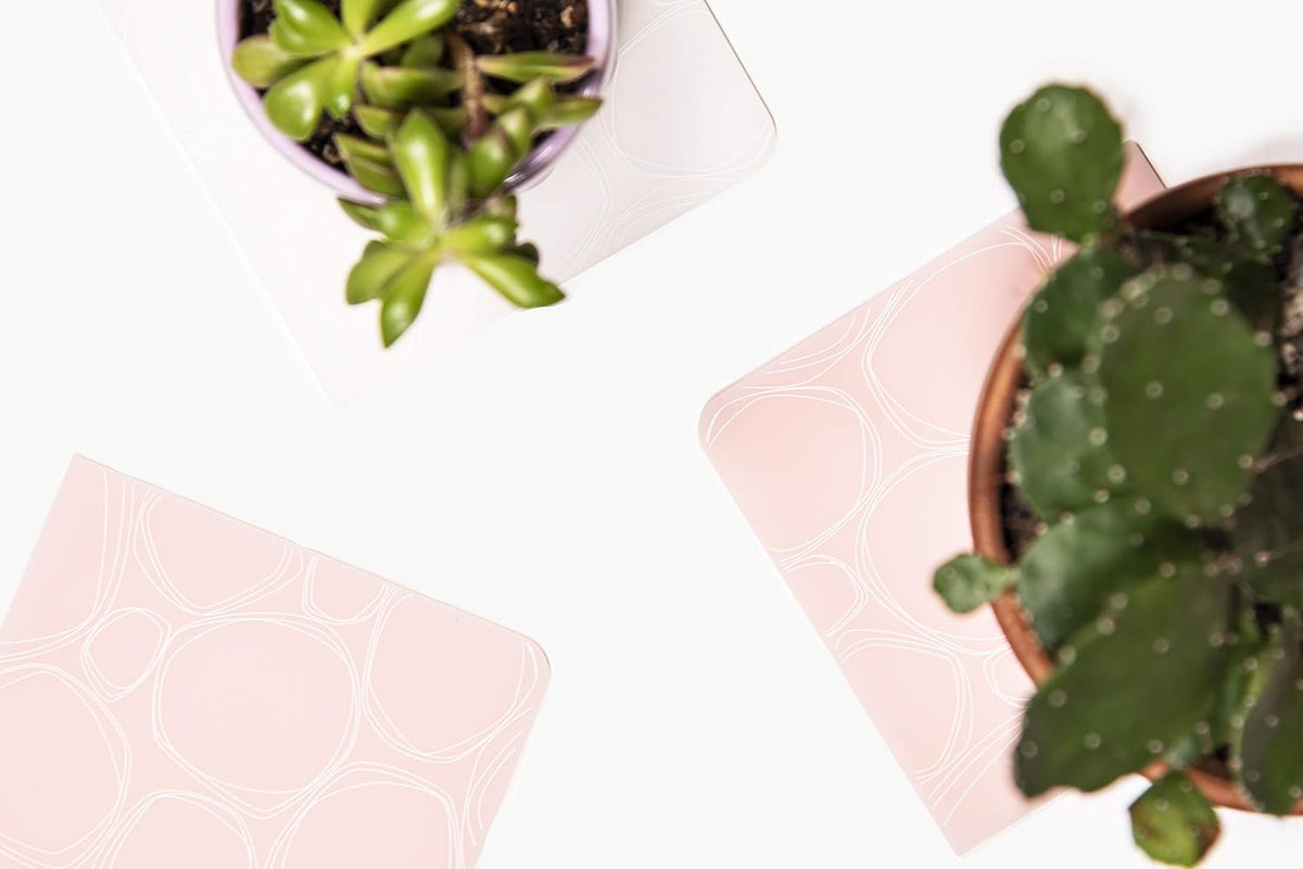 4" x 4" Silicone Square Drink Coasters, 100% Plastic Free, Protect Table from Water, Pebbles Print in Blush, Set of 4