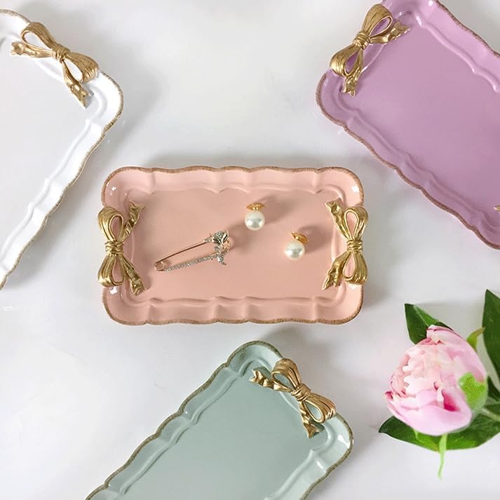 Gisela Adorable Bow-knot Trinket Dish Resin Jewelry Tray Perfect for Holding Small Jewelries, Necklaces, Earrings, Bracelets Decorative Plate (Pink Rectangle)