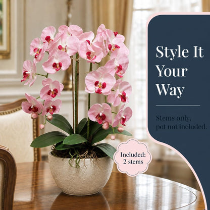 2 Pack Real Touch Pink Silk Orchids - 33.5" Faux Phalaenopsis Orchid Stems that Look Real for Vases, Wedding Centerpieces & Home Decor