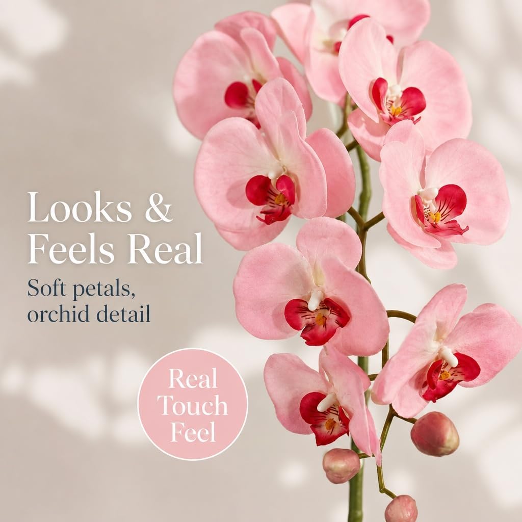 2 Pack Real Touch Pink Silk Orchids - 33.5" Faux Phalaenopsis Orchid Stems that Look Real for Vases, Wedding Centerpieces & Home Decor