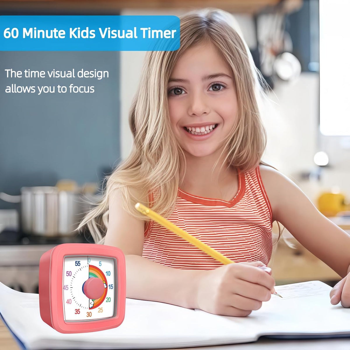 Visual Timer for Kids Adults, 60-Minute Countdown Timer for Classroom, Kitchen,Office, Pomodoro Timer Time Management Tools for Toddler ADHD(Pink)