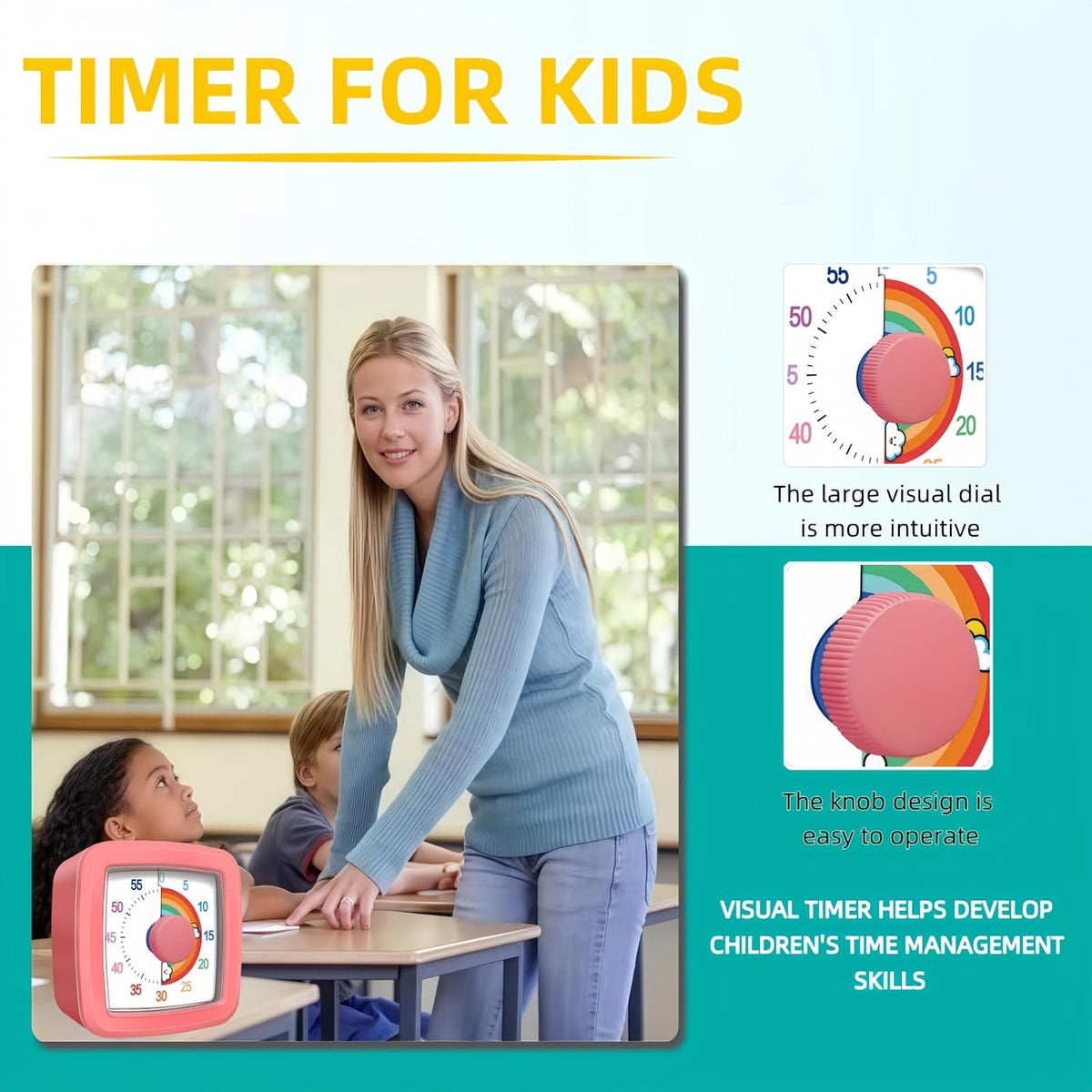 Visual Timer for Kids Adults, 60-Minute Countdown Timer for Classroom, Kitchen,Office, Pomodoro Timer Time Management Tools for Toddler ADHD(Pink)