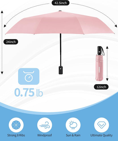Compact Travel Umbrella - Windproof Umbrellas for Rain, Small Portable UV Umbrella for Sun Protection, Folding Automatic Umbrellas in Lightweight for Car, Backpack, Walking, Kids, Women