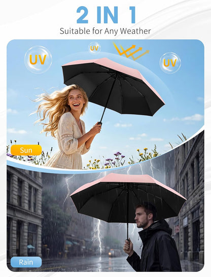 Compact Travel Umbrella - Windproof Umbrellas for Rain, Small Portable UV Umbrella for Sun Protection, Folding Automatic Umbrellas in Lightweight for Car, Backpack, Walking, Kids, Women