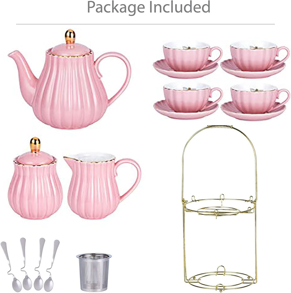 Fine China Pink Coffee Cup/Teacup Set, 7 OZ Cups& Saucer Service for 4, with Teapot-Sugar Bowl-Cream Pitcher Teaspoons and tea strainer for Tea/Coffee, 17-Pieces (TW Full set)