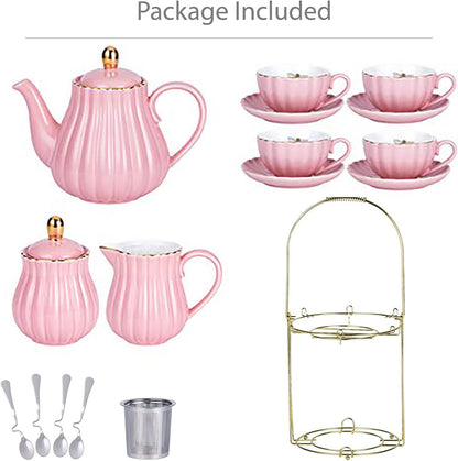 Fine China Pink Coffee Cup/Teacup Set, 7 OZ Cups& Saucer Service for 4, with Teapot-Sugar Bowl-Cream Pitcher Teaspoons and tea strainer for Tea/Coffee, 17-Pieces (TW Full set)