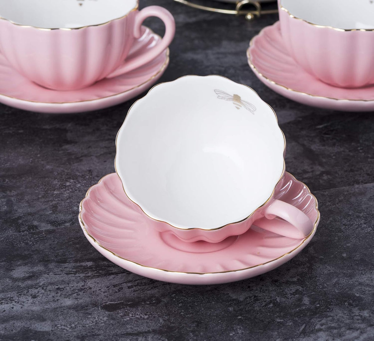 Fine China Pink Coffee Cup/Teacup Set, 7 OZ Cups& Saucer Service for 4, with Teapot-Sugar Bowl-Cream Pitcher Teaspoons and tea strainer for Tea/Coffee, 17-Pieces (TW Full set)