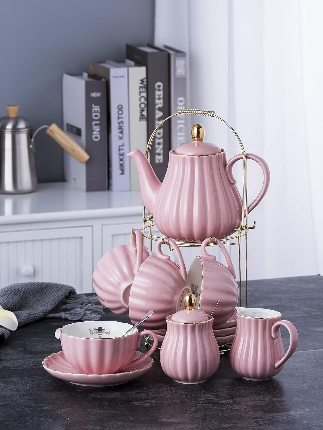 Fine China Pink Coffee Cup/Teacup Set, 7 OZ Cups& Saucer Service for 4, with Teapot-Sugar Bowl-Cream Pitcher Teaspoons and tea strainer for Tea/Coffee, 17-Pieces (TW Full set)