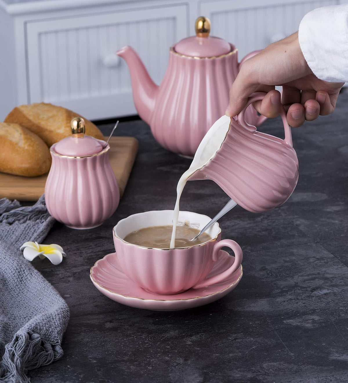Fine China Pink Coffee Cup/Teacup Set, 7 OZ Cups& Saucer Service for 4, with Teapot-Sugar Bowl-Cream Pitcher Teaspoons and tea strainer for Tea/Coffee, 17-Pieces (TW Full set)