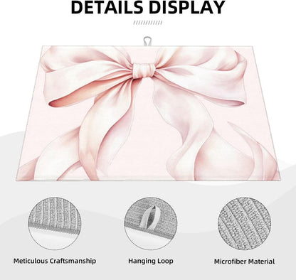 Light Pink Bow Dish Drying Mat 18” x 24” Absorbent Hide Stain Non-slip Backing for Kitchen Sink Countertop Coffee Bar