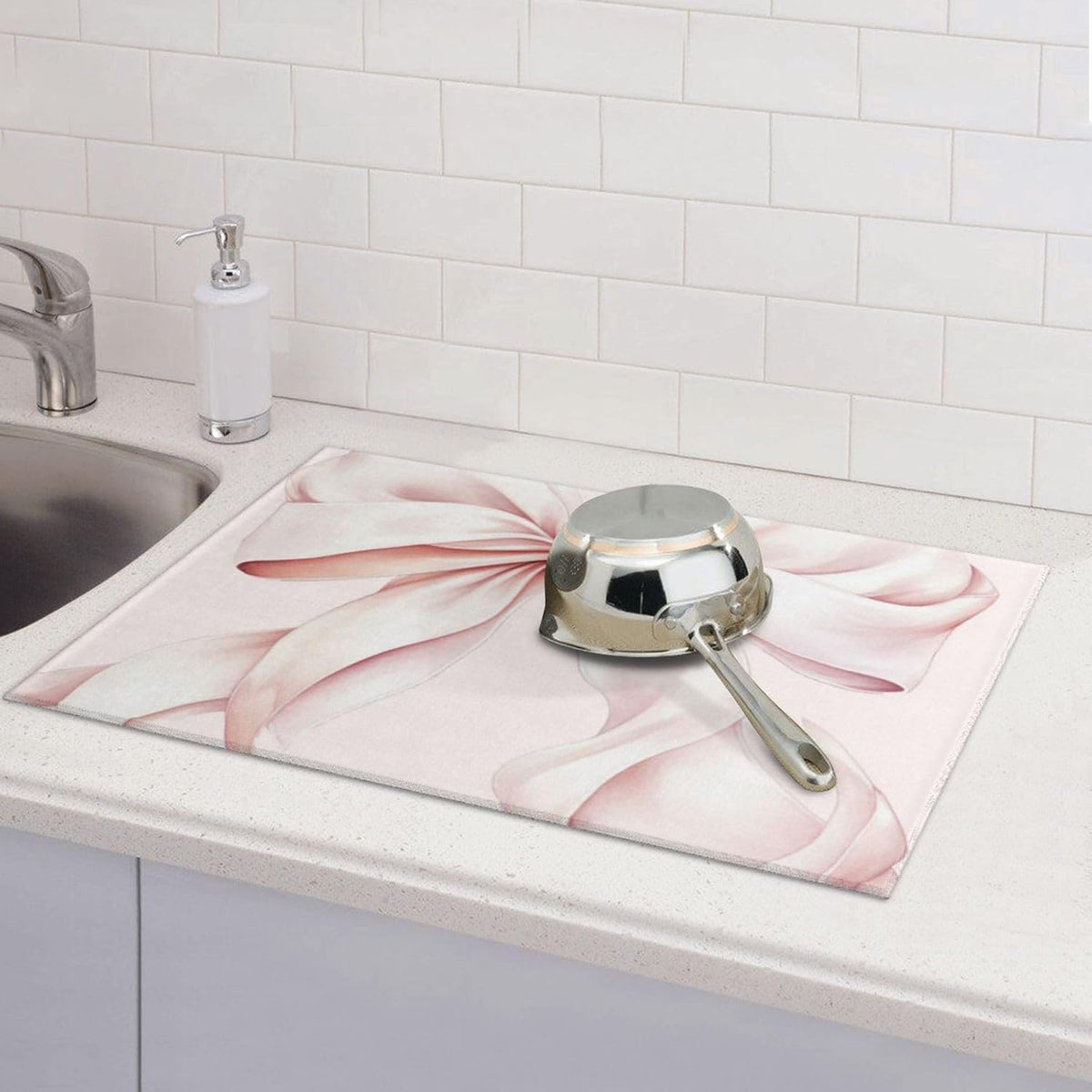 Light Pink Bow Dish Drying Mat 18” x 24” Absorbent Hide Stain Non-slip Backing for Kitchen Sink Countertop Coffee Bar