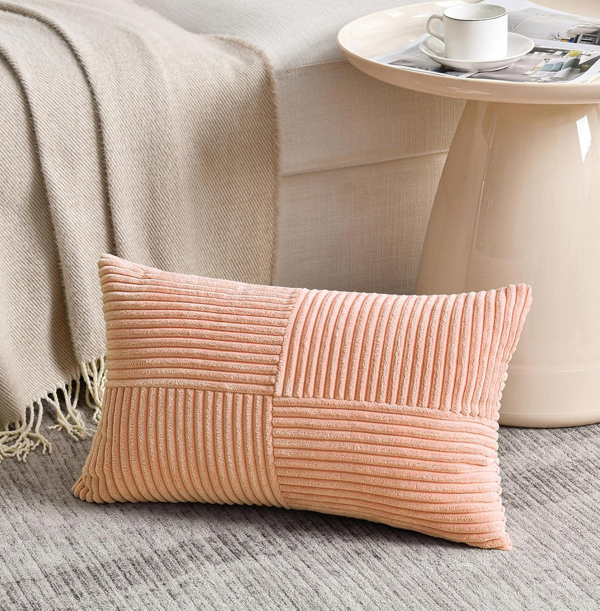 Peach Lumbar Decorative Throw Pillow Covers 12x20 Inch for Living Room Couch Bed Sofa, Rustic Farmhouse Boho Home Decor, Soft Striped Corduroy Rectangle Accent Cushion Case 30x50 cm