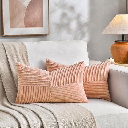 Peach Lumbar Decorative Throw Pillow Covers 12x20 Inch for Living Room Couch Bed Sofa, Rustic Farmhouse Boho Home Decor, Soft Striped Corduroy Rectangle Accent Cushion Case 30x50 cm