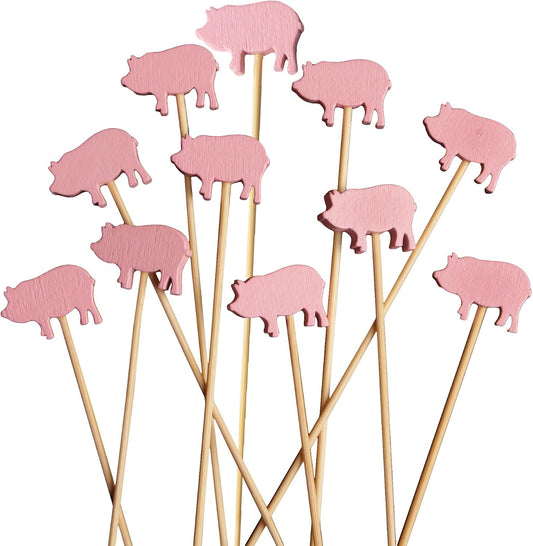 3.9" Pink Pig Fancy Cocktail Appetizers Bamboo Toothpick Picks Stirrer Sticks for Fruit Party, Charcuterie Accessories and Drinks, 100 Pieces