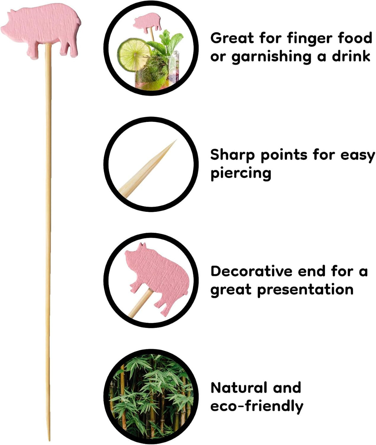 3.9" Pink Pig Fancy Cocktail Appetizers Bamboo Toothpick Picks Stirrer Sticks for Fruit Party, Charcuterie Accessories and Drinks, 100 Pieces