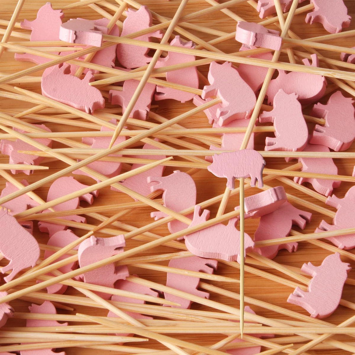 3.9" Pink Pig Fancy Cocktail Appetizers Bamboo Toothpick Picks Stirrer Sticks for Fruit Party, Charcuterie Accessories and Drinks, 100 Pieces