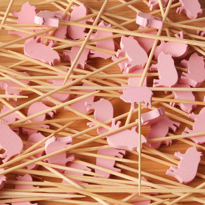 3.9" Pink Pig Fancy Cocktail Appetizers Bamboo Toothpick Picks Stirrer Sticks for Fruit Party, Charcuterie Accessories and Drinks, 100 Pieces