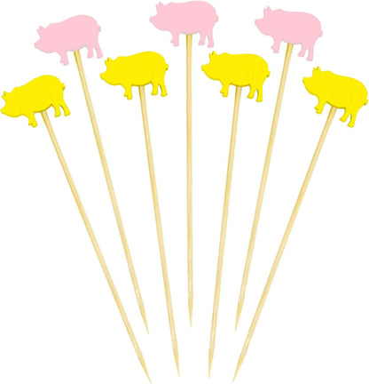 3.9" Pink Pig Fancy Cocktail Appetizers Bamboo Toothpick Picks Stirrer Sticks for Fruit Party, Charcuterie Accessories and Drinks, 100 Pieces