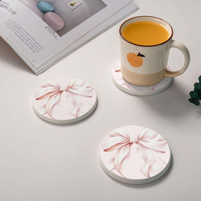 Light Pink Bow Round Drink Coasters Absorbent Coaster Set for Coffee Table Suitable for Kinds of Cups Home Decor 1 Piece