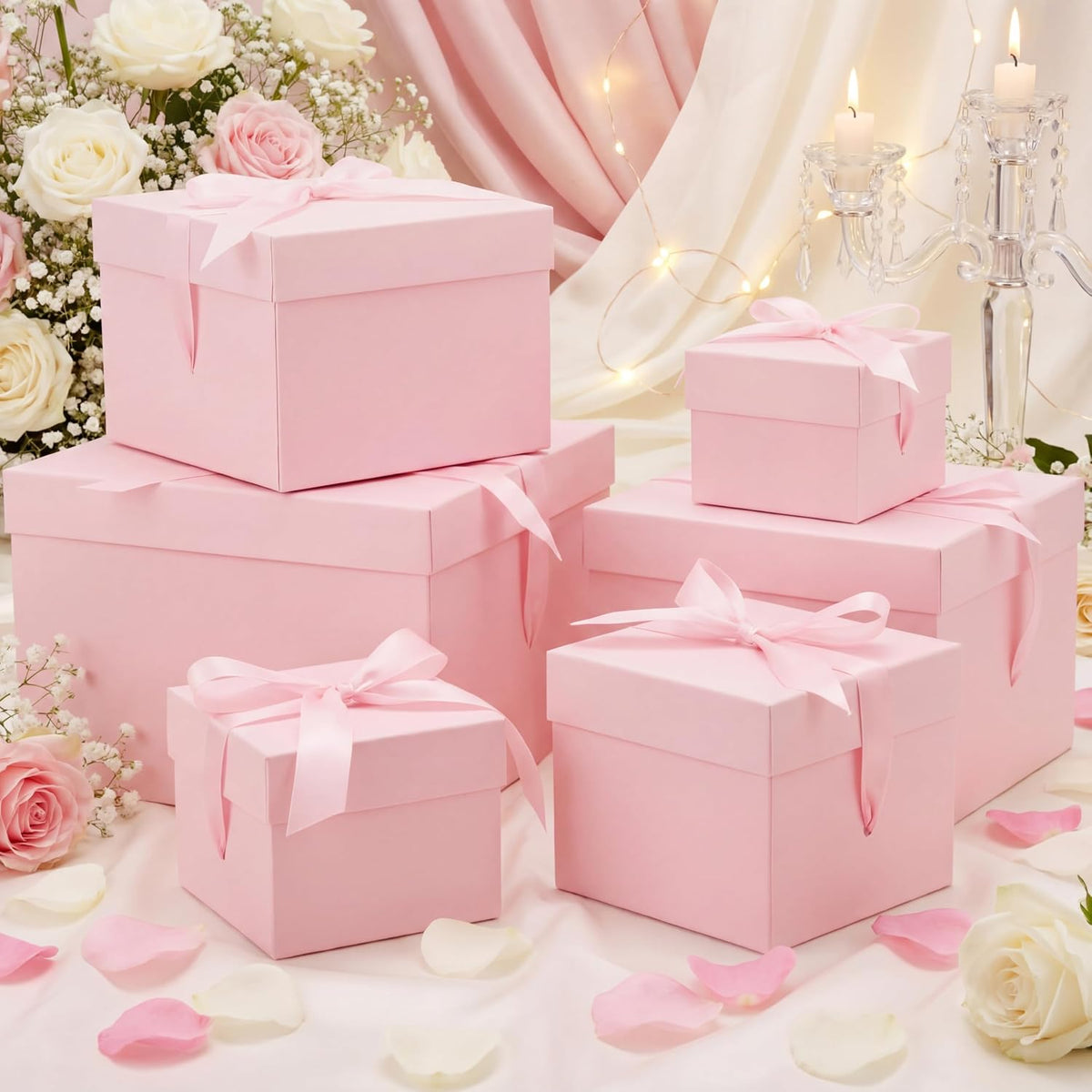 6 Pcs Nesting Gift Box with Lid Wedding Party Favor, Pink