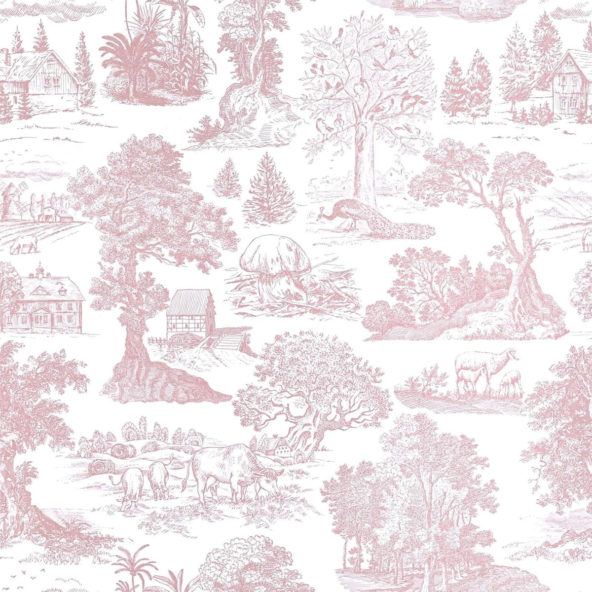 Pink Peel and Stick Wallpaper Toile Contact Paper Pink and White Wallpapers Boho Floral French Country Walls Covering Removable Self-Adhesive Vinyl Wrap for Bedroom Bathroom Cabinet 17.3" x 118"