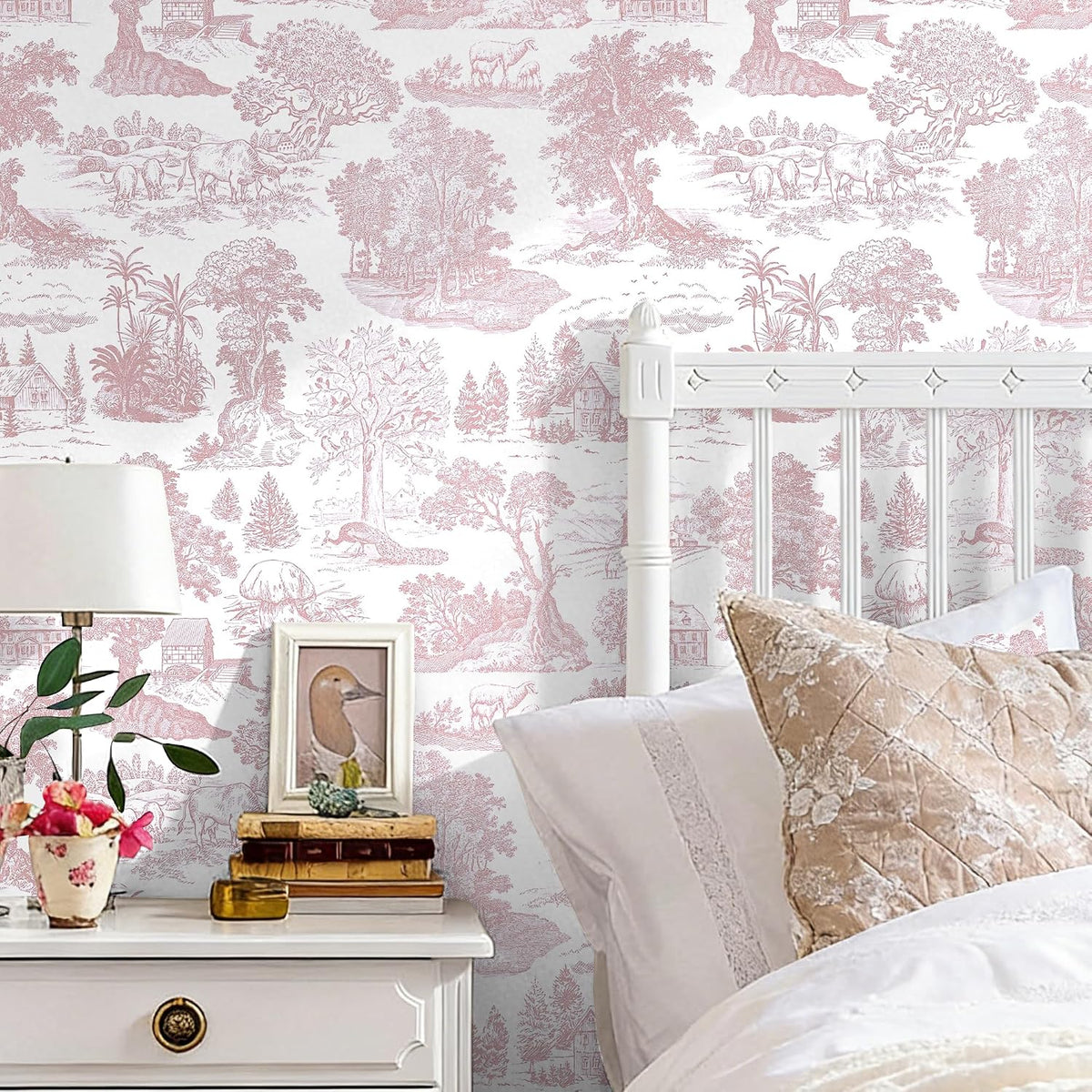 Pink Peel and Stick Wallpaper Toile Contact Paper Pink and White Wallpapers Boho Floral French Country Walls Covering Removable Self-Adhesive Vinyl Wrap for Bedroom Bathroom Cabinet 17.3" x 118"