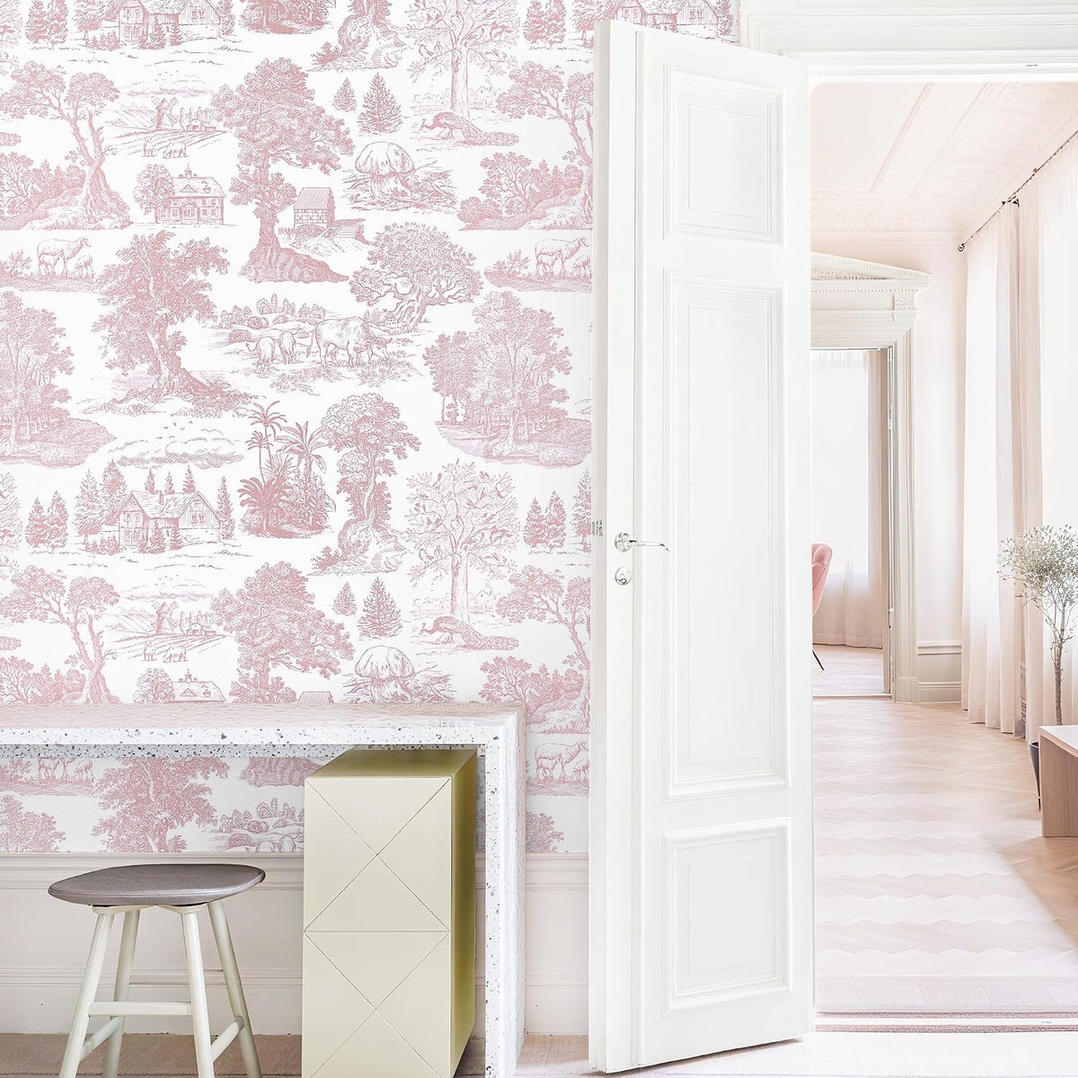 Pink Peel and Stick Wallpaper Toile Contact Paper Pink and White Wallpapers Boho Floral French Country Walls Covering Removable Self-Adhesive Vinyl Wrap for Bedroom Bathroom Cabinet 17.3" x 118"