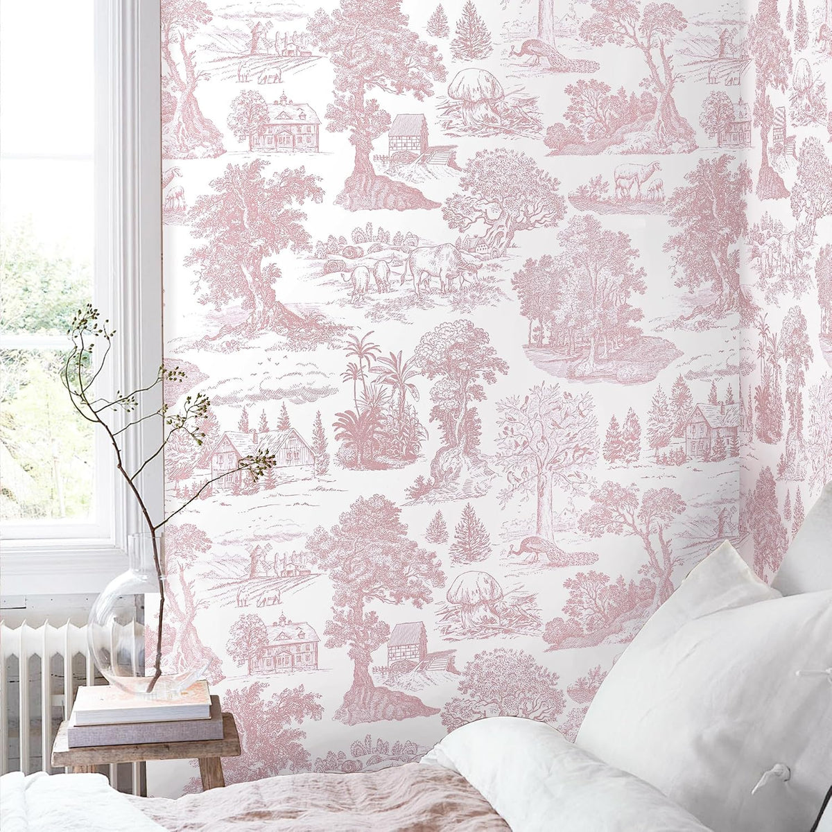 Pink Peel and Stick Wallpaper Toile Contact Paper Pink and White Wallpapers Boho Floral French Country Walls Covering Removable Self-Adhesive Vinyl Wrap for Bedroom Bathroom Cabinet 17.3" x 118"