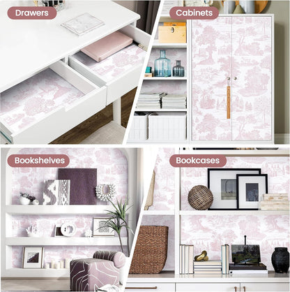 Pink Peel and Stick Wallpaper Toile Contact Paper Pink and White Wallpapers Boho Floral French Country Walls Covering Removable Self-Adhesive Vinyl Wrap for Bedroom Bathroom Cabinet 17.3" x 118"