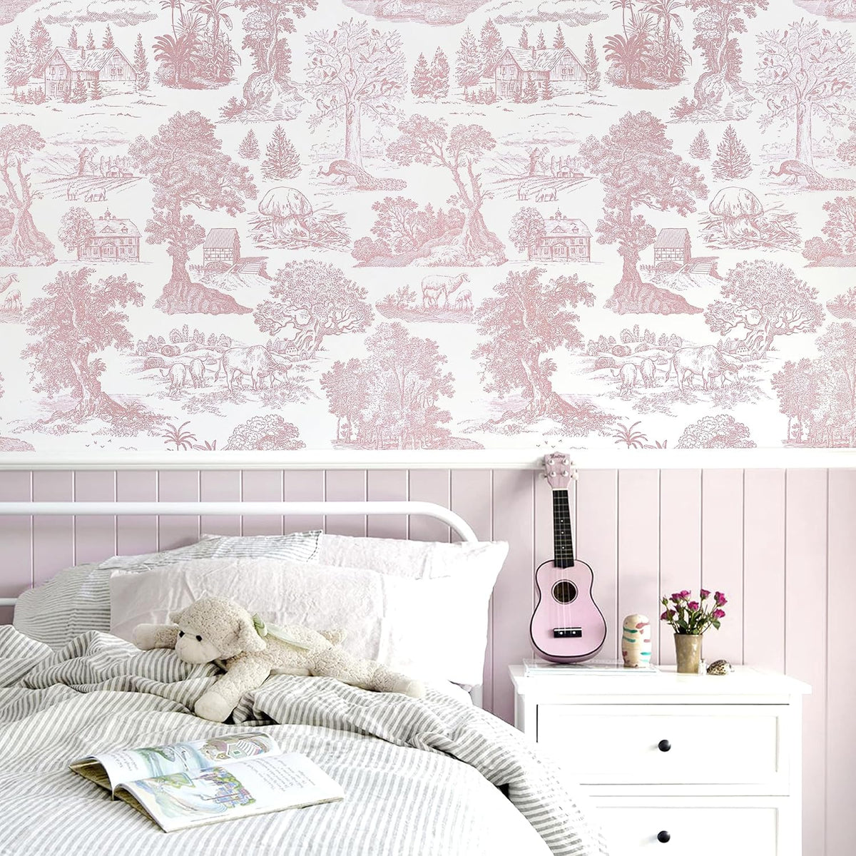Pink Peel and Stick Wallpaper Toile Contact Paper Pink and White Wallpapers Boho Floral French Country Walls Covering Removable Self-Adhesive Vinyl Wrap for Bedroom Bathroom Cabinet 17.3" x 118"