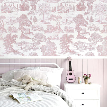 Pink Peel and Stick Wallpaper Toile Contact Paper Pink and White Wallpapers Boho Floral French Country Walls Covering Removable Self-Adhesive Vinyl Wrap for Bedroom Bathroom Cabinet 17.3" x 118"