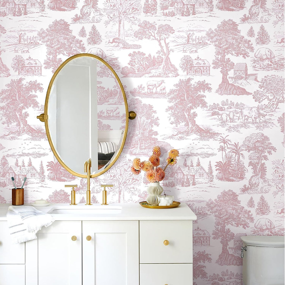 Pink Peel and Stick Wallpaper Toile Contact Paper Pink and White Wallpapers Boho Floral French Country Walls Covering Removable Self-Adhesive Vinyl Wrap for Bedroom Bathroom Cabinet 17.3" x 118"