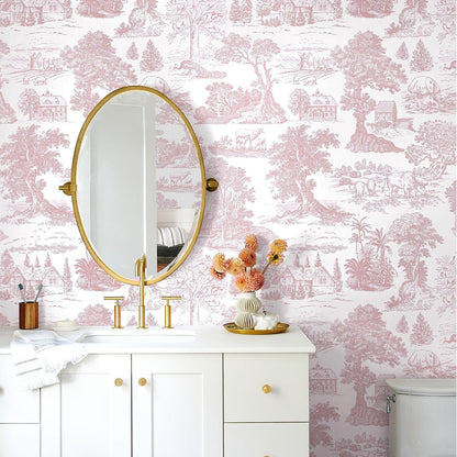 Pink Peel and Stick Wallpaper Toile Contact Paper Pink and White Wallpapers Boho Floral French Country Walls Covering Removable Self-Adhesive Vinyl Wrap for Bedroom Bathroom Cabinet 17.3" x 118"