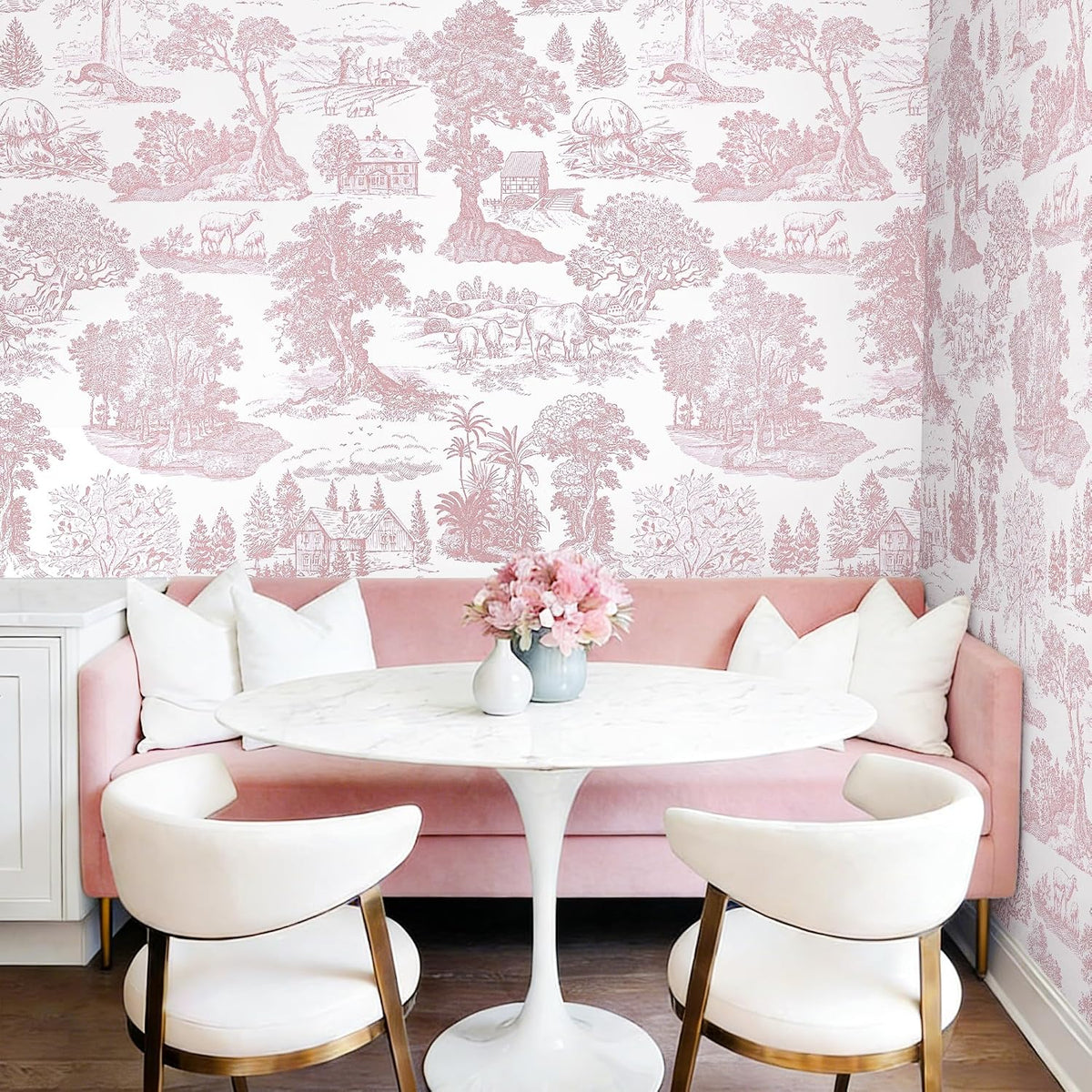 Pink Peel and Stick Wallpaper Toile Contact Paper Pink and White Wallpapers Boho Floral French Country Walls Covering Removable Self-Adhesive Vinyl Wrap for Bedroom Bathroom Cabinet 17.3" x 118"