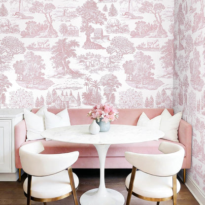 Pink Peel and Stick Wallpaper Toile Contact Paper Pink and White Wallpapers Boho Floral French Country Walls Covering Removable Self-Adhesive Vinyl Wrap for Bedroom Bathroom Cabinet 17.3" x 118"